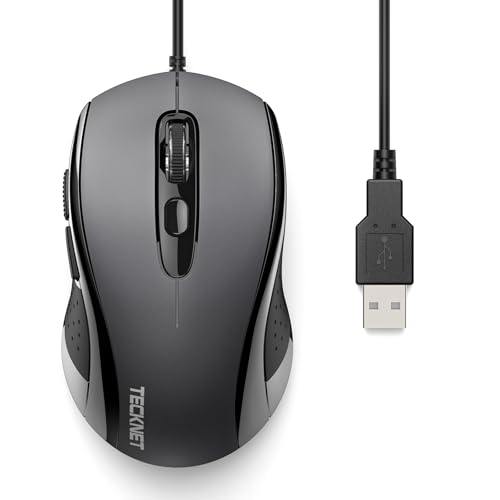 TECKNET Wired Mouse, USB Mouse for Laptop with 6-Button, 3600DPI Optical PC Wired Mouse, Home and Office 5FT USB-A Corded Comfortable Mouse, Plug & Play, NO Battery Required-Grey