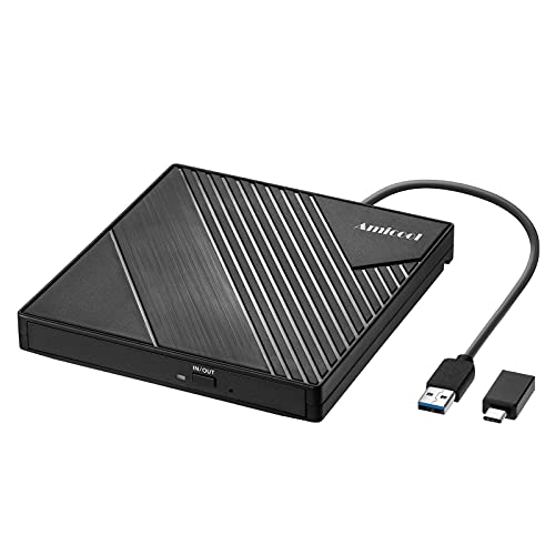 External DVD Drive USB 3.0 USB C CD Burner Amicool CD/DVD +/-RW Optical Drive,Slim Portable DVD CD ROM Rewriter Writer Duplicator for Laptop Desktop PC Windows 10/8/7 MacBook Mac Linux OS Apple, BLACK