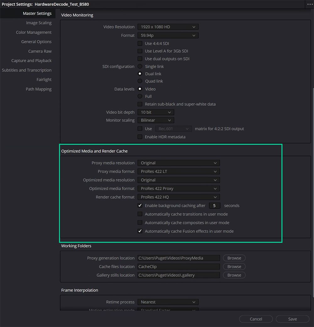 Project Settings Window to change Proxy, Optimized Media, and Render Cache formats in ProRes 422