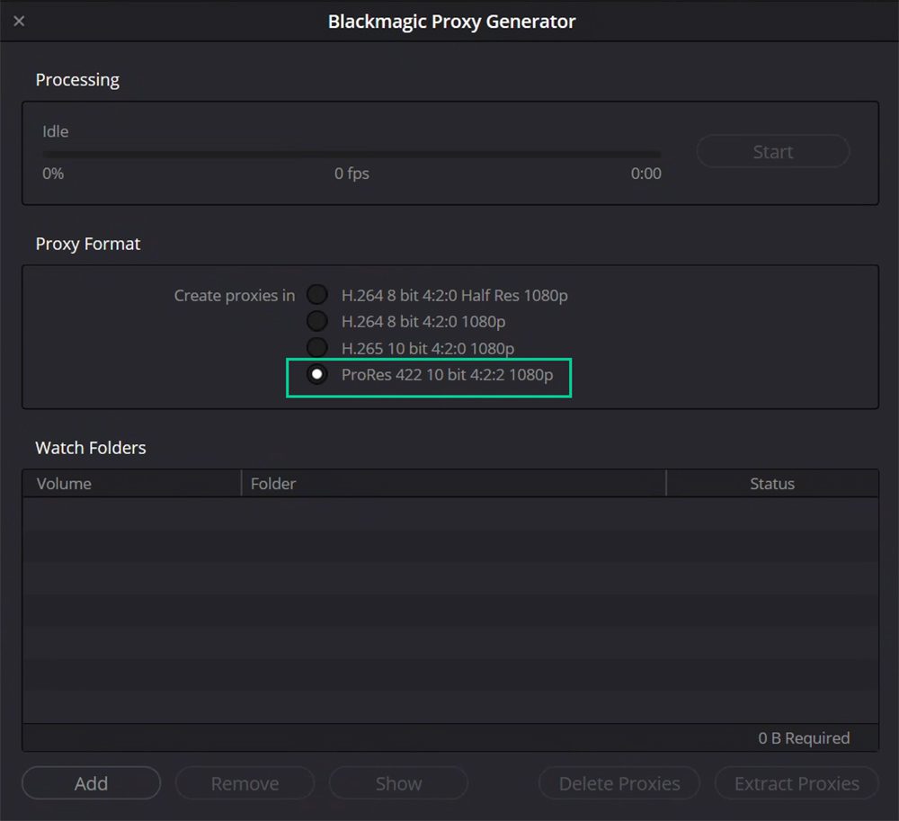 Blackmagic Proxy Generator with option to generate proxies in ProRes 422 10bit 1080p