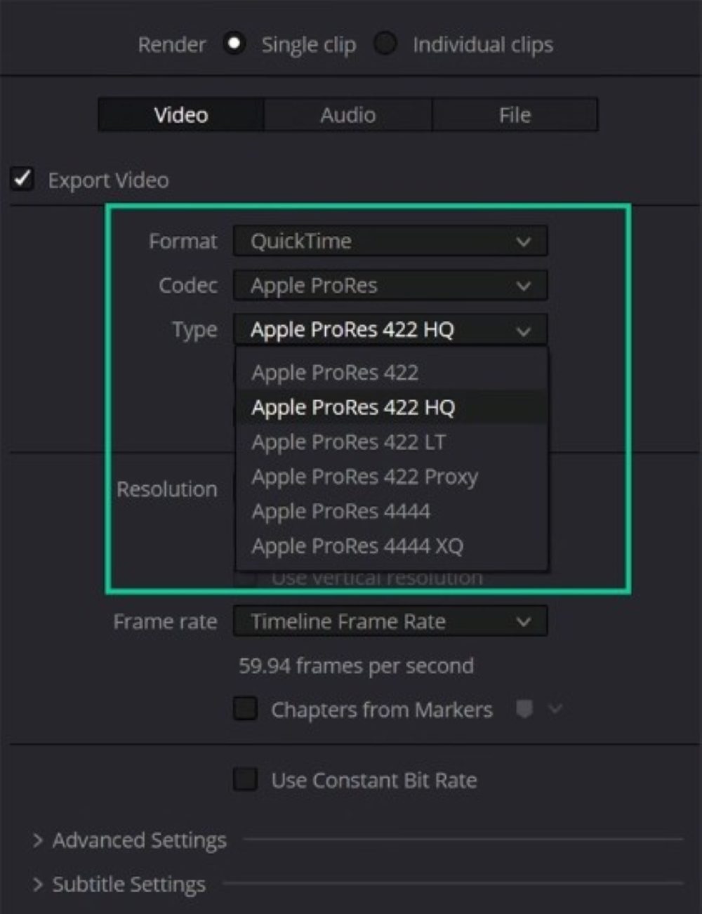 Encoding Window in DaVinci Resolve with options to export in ProRes