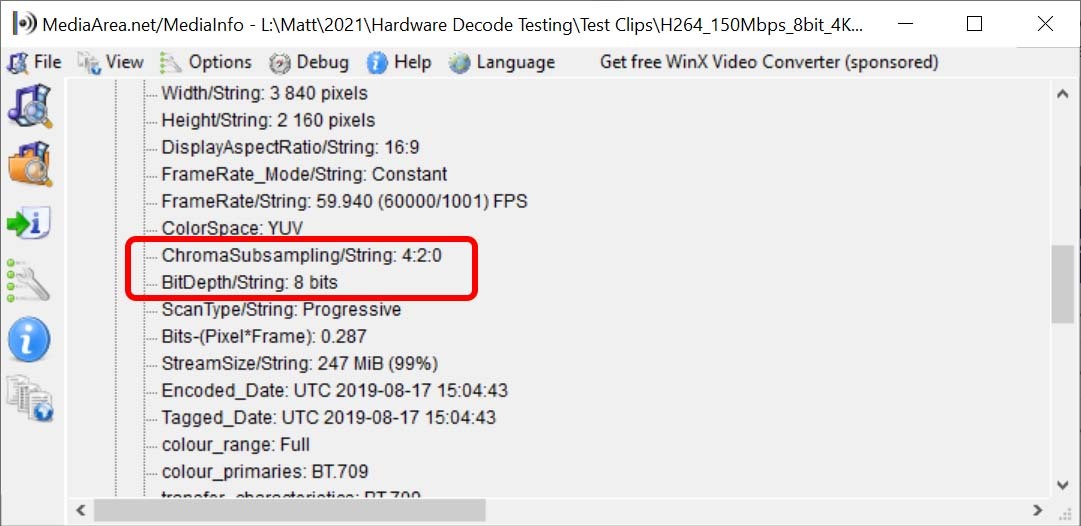 MediaInfo bit depth and chroma subsampling