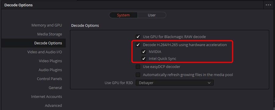 Hardware Decoding option in DaVinci Resolve Studio
