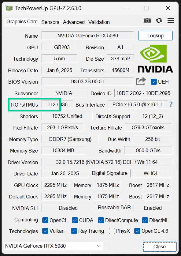 NVIDIA GeForce RTX 5080 ROPs