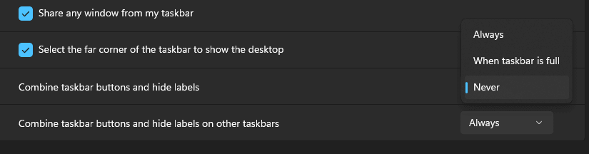 taskbar settings